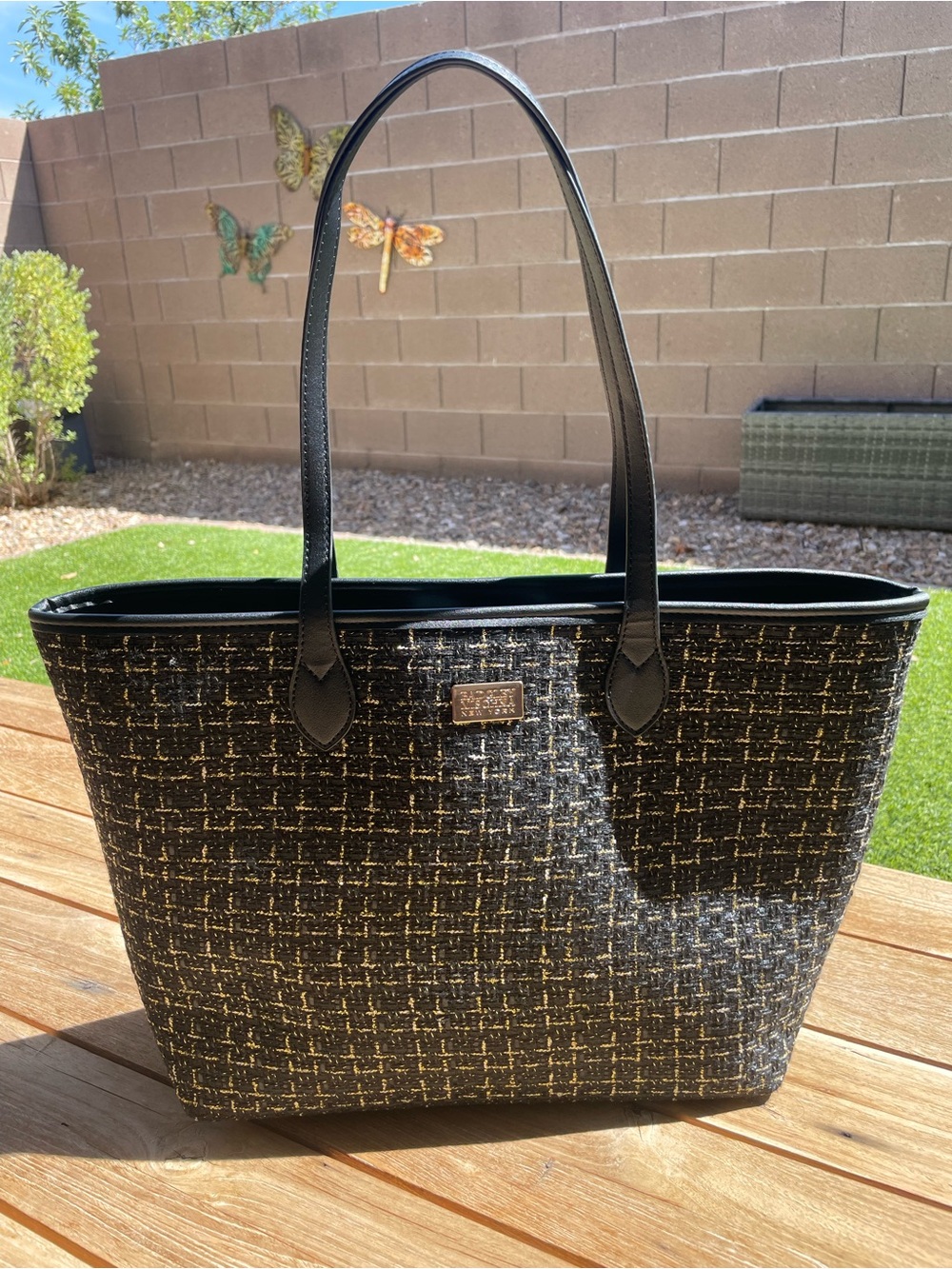 Badgley Mischka Woven Metallic Tweed Style Tote Bag Black Gold